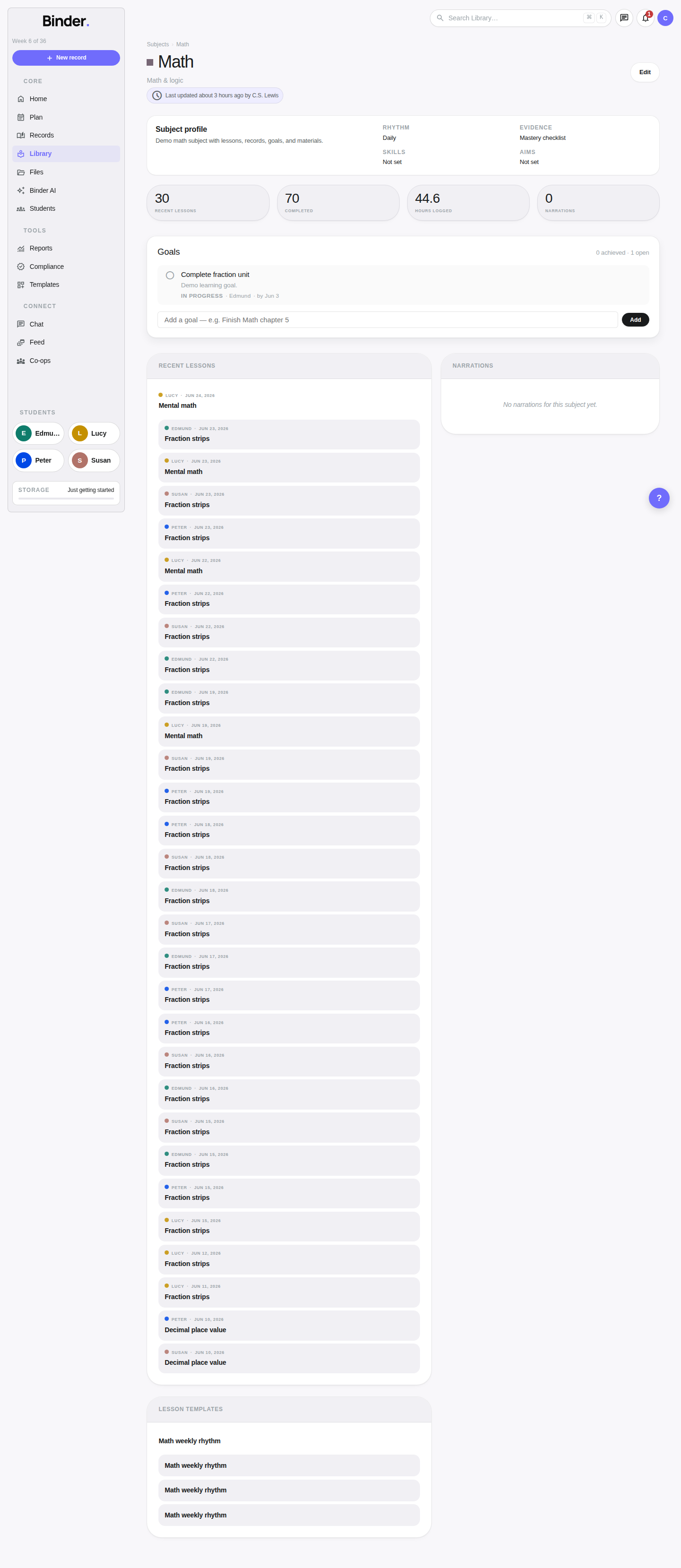 Subject detail page with lessons and goals