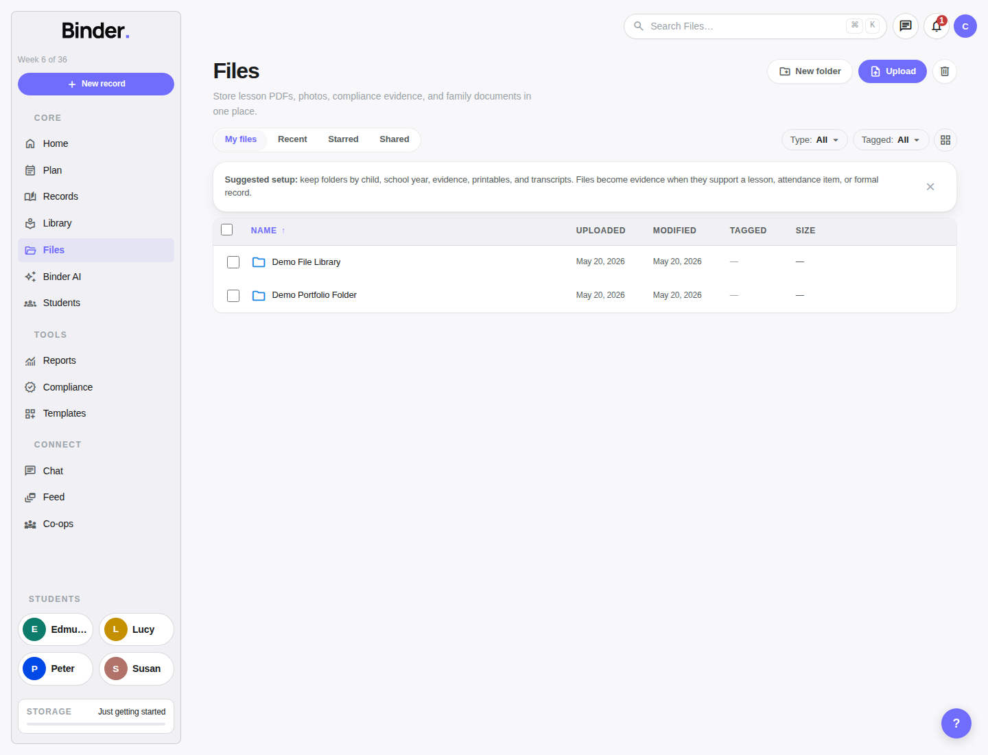 Binder file manager with folders and attached files