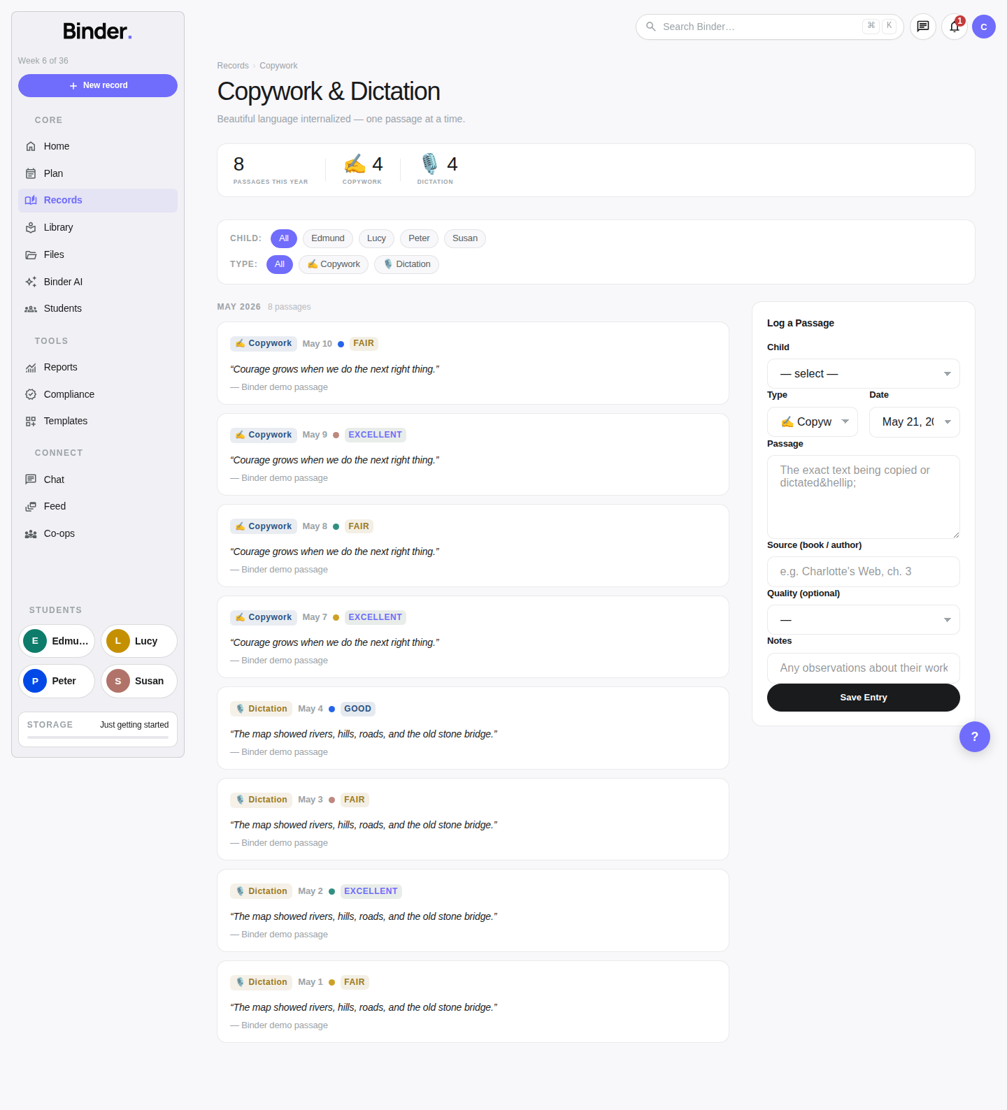 Copywork entries page