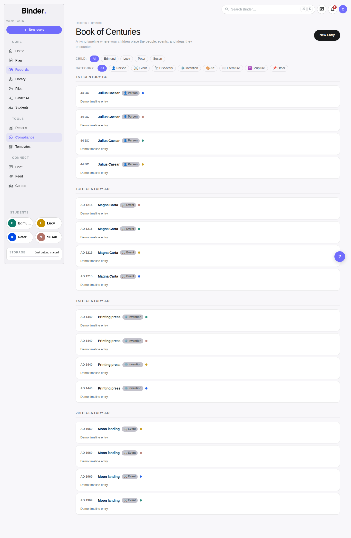 Timeline entries page