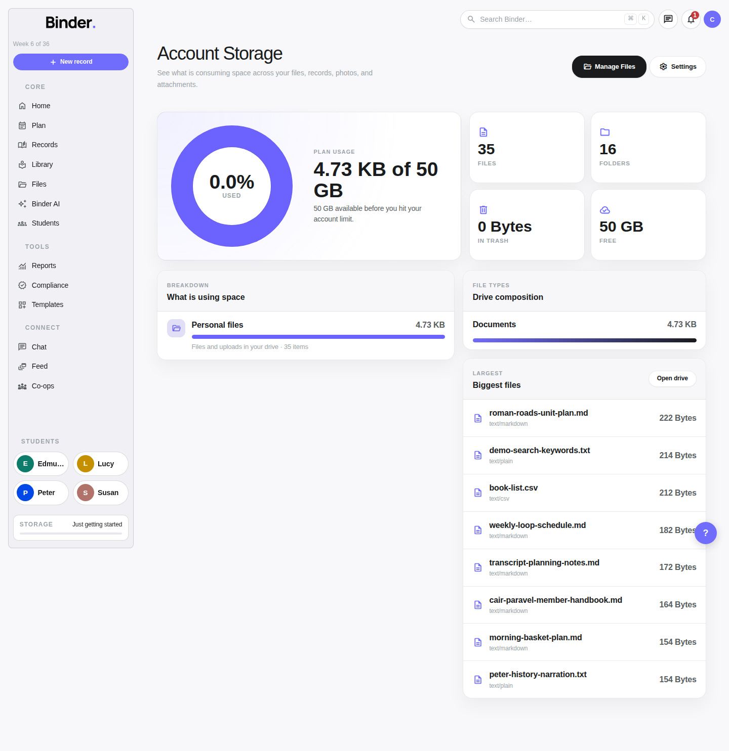 Account storage page showing storage usage