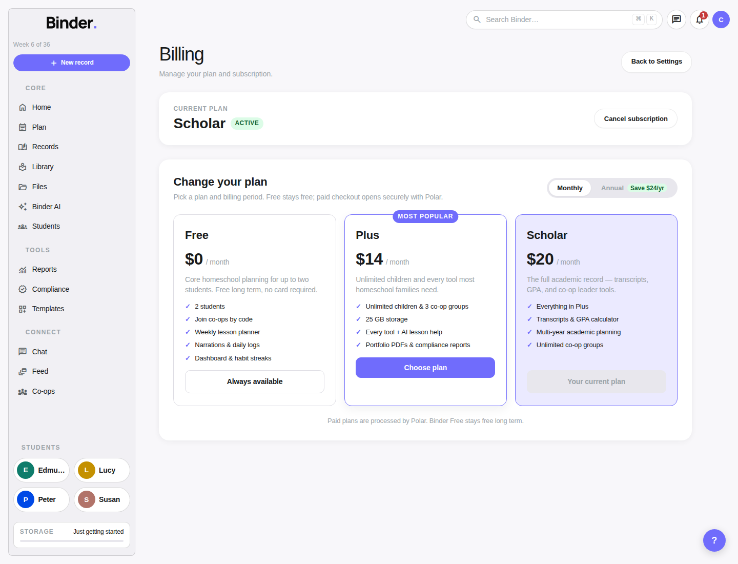 Billing page